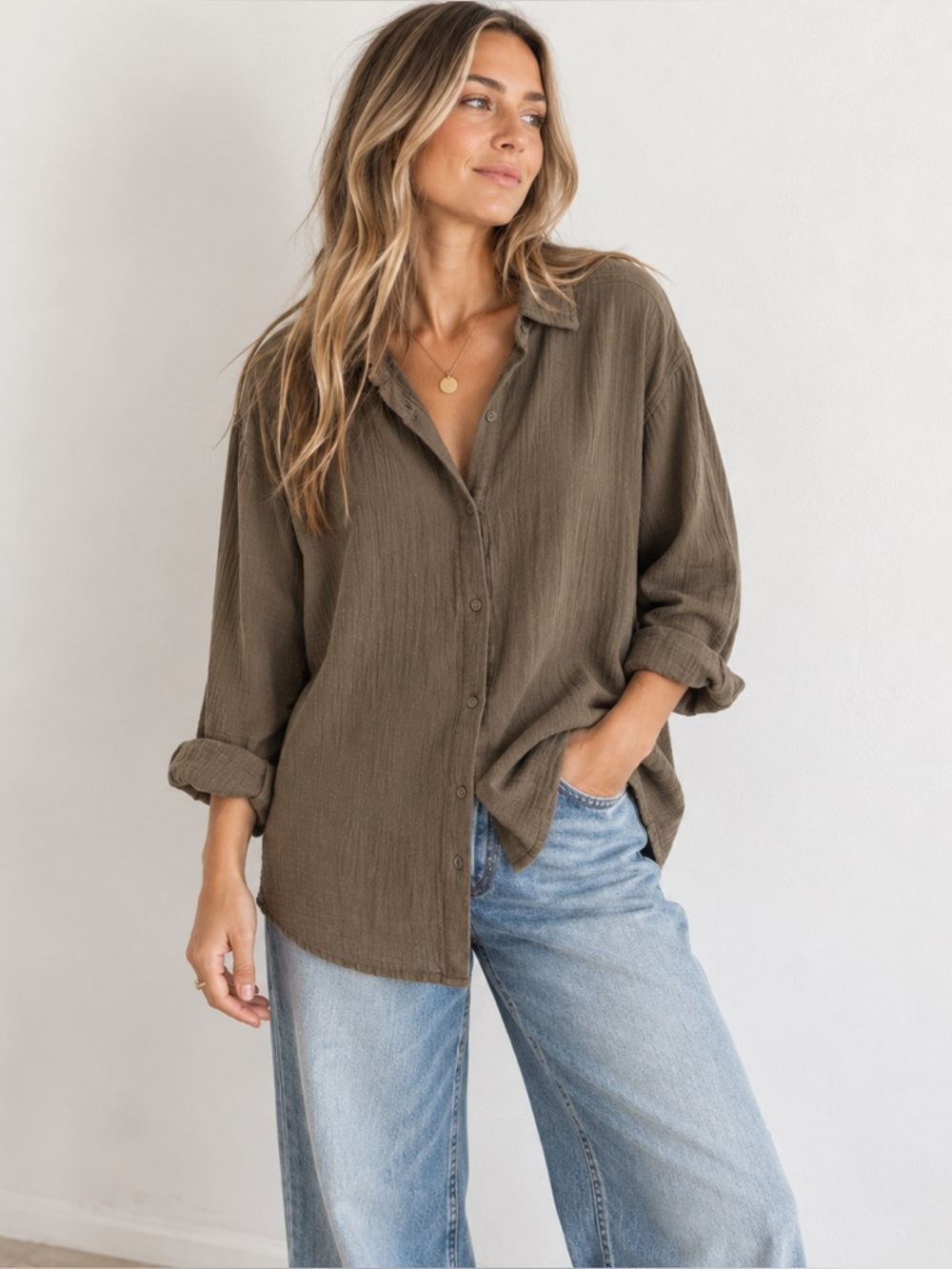 Little Moon Aritzia Top Womens XL Green Button Up Gauzy 100% Cotton Luxury Soft